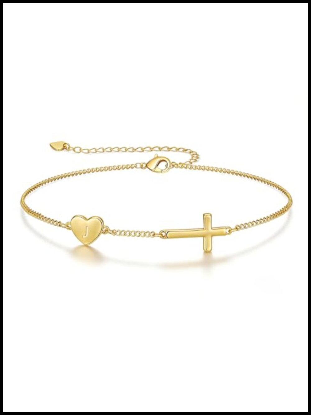 14K Gold Plated Brass Heart Cross Initial Bracelet Adjustable Christian Gift